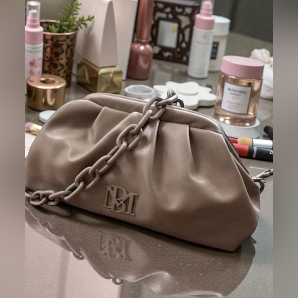 Badgley Mischka Taupe Dumpling Clutch With Chain - Picture 7 of 8